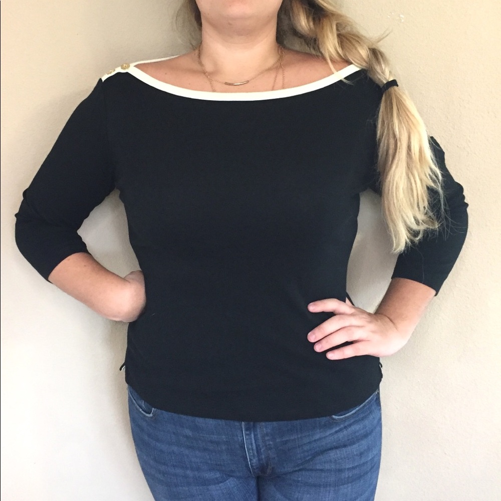 LAUREN RALPH LAUREN Black Boat Neck Button Top L